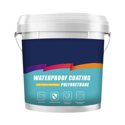 Polyurethane waterproof coating bucket with white lid and colorful label on front view for outdoor and indoor use