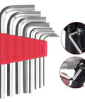 Heavy Duty Chrome Vanadium Hex Key Set That Slaps! Get The Perfect Fit For Tight Gaps With This Insane L-Shape Wrench Kit Ready To Fix All Your Gear And Keep Your Tools In Great Shape For Any DIY Project Today. 11-piece chrome vanadium hex key set in red holder, L-shape for bike bolts