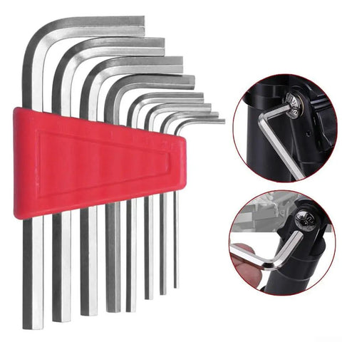 Heavy Duty Chrome Vanadium Hex Key Set That Slaps! Get The Perfect Fit For Tight Gaps With This Insane L-Shape Wrench Kit Ready To Fix All Your Gear And Keep Your Tools In Great Shape For Any DIY Project Today. 11-piece chrome vanadium hex key set in red holder, L-shape for bike bolts