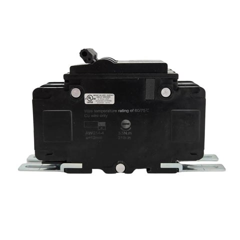 Built Tough 20 Amp 2 Pole Miniature Circuit Breaker 120 240V AC DIN Rail Surface Mount with clear view of terminals and UL listing.