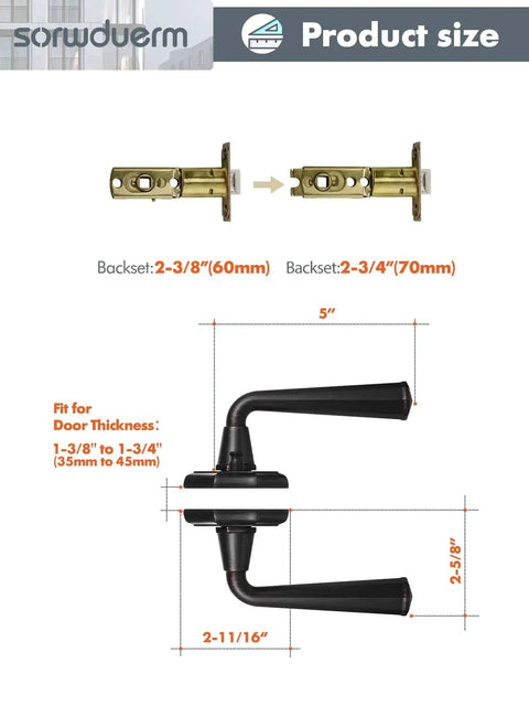 Oil Rubbed Bronze Privacy Door Levers For Interior Doors Bedroom Bathroom Closet Hallway With Keyless Inside Thumb Turn And Emergency Hex Key Access, product size and dimensions shown, including backset and door thickness.