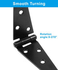 Heavy Duty 5 Inch Strap Hinges 4 Pack Rock Solid Barn Door Hardware For Sheds Gates And Garages Built Tough With No Sweat Setup And Straight Up Reliable Precision Cast Construction, showing smooth turning black hinge with rotation angle.