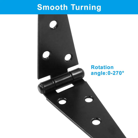 Heavy Duty 5 Inch Strap Hinges 4 Pack Rock Solid Barn Door Hardware For Sheds Gates And Garages Built Tough With No Sweat Setup And Straight Up Reliable Precision Cast Construction, showing smooth turning black hinge with rotation angle.
