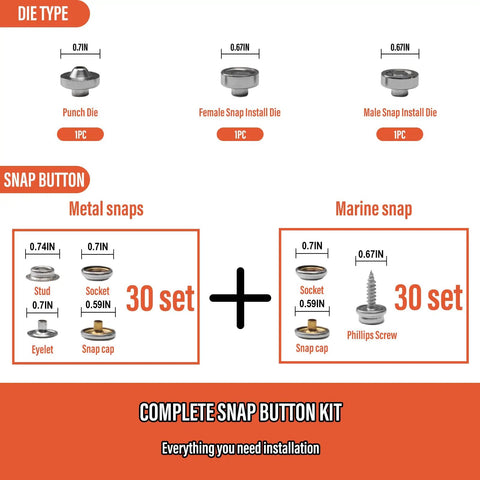 Diagram of Grab And Go Snap Fasteners Kit With 30 Sets Screws Snaps For Boat Covers Canvas Tarps And More, showing parts and sizes