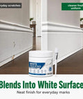 White Touch Up Paste With Brush Kicks Scratches To The Curb Fast Furniture And Wall Repair Putty seaming a wood corner after patching.