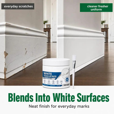 White Touch Up Paste With Brush Kicks Scratches To The Curb Fast Furniture And Wall Repair Putty seaming a wood corner after patching.