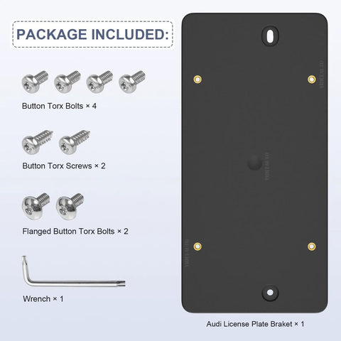 Audi Rear License Plate Bracket Holder Fits A3 S3 RS3 A4 S4 RS4 A5 S5 RS5 A6 S6 RS6 A7 S7 RS7 Q3 Q5 SQ5 Q4 e-tron 2011-2025 kit contents