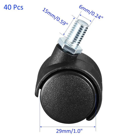 Pack Of 20 Black Nylon Swivel Caster Wheels With M6x15mm Threaded Stems For Furniture Cabinets Trolleys Silent Twin Wheel Hardware Upgrade That Offers Smooth Sailing Every Time showing size and design details.