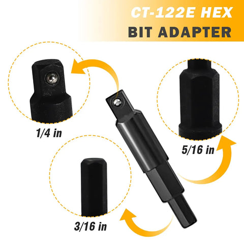CT-122E hex bit adapter with 1/4 in, 5/16 in, and 3/16 in ends for Valve Core Remover and HVAC Service Wrench Set with Hex Bit Adapters.