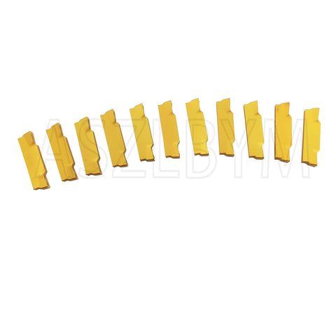 Eleven yellow MGMN300-M indexable carbide grooving inserts for lathe tools