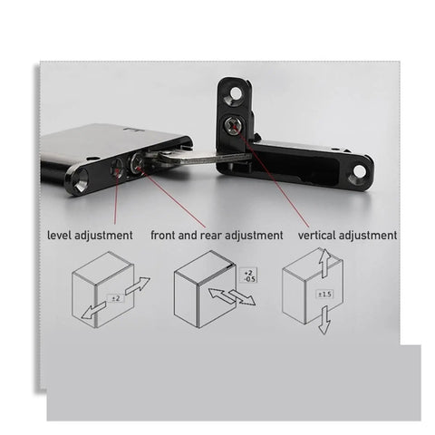 2 Pack Concealed Hinge 105 Degree Soft Close With Soft Open, hardware showing level and vertical adjustment for doors.