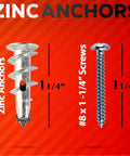 Heavy Duty Zinc Self Drilling Drywall Anchors And Screws Kit With 120 Pieces Number 8 Fasteners For Quick Setup showing 1¼" zinc anchors and #8 screws on red background.