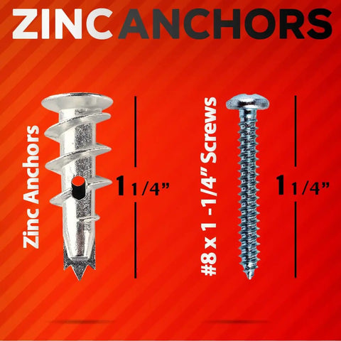 Heavy Duty Zinc Self Drilling Drywall Anchors And Screws Kit With 120 Pieces Number 8 Fasteners For Quick Setup showing 1¼" zinc anchors and #8 screws on red background.