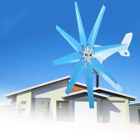 Magnetic Levitation Wind Turbine Generator Kit 12000W with blue 10 blades installed on home rooftop.