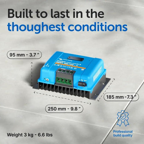 SmartSolar MPPT Charge Controller 150V 60A Built To Harvest Energy Fast And Get Your Batteries Charged Up Safely shown with dimensions