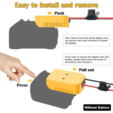 Illustration showing installation of 2 Pack Power Wheel Battery Adapters For 20V DCB Series Batteries With Switch Fuse And Wire Terminals