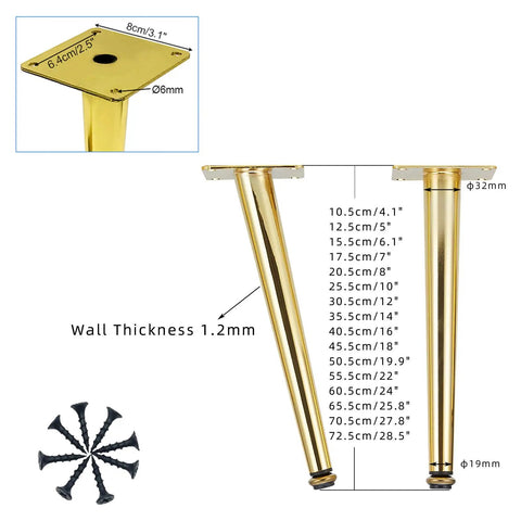 Adjustable Gold Furniture Legs For Desks, Cabinets, Beds And Couches, 12.5 Cm 5 In High, Cold Rolled Steel, Heavy Duty Kegel Feet