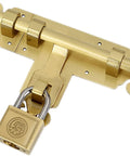 Solid Brass Slide Bolt Door Lock And Gate Latch For Cabinets And Windows Real Heavy Duty Hardware, polished finish with padlock.