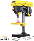Heavy Duty 8 Inch Benchtop Drill Press With Five Speed Settings And One Third Horsepower Motor, yellow with adjustable table.