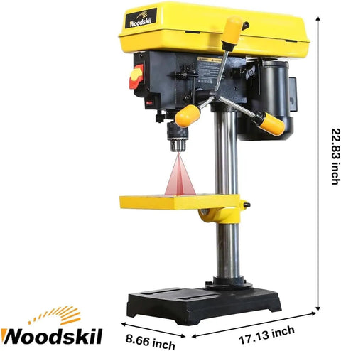Heavy Duty 8 Inch Benchtop Drill Press With Five Speed Settings And One Third Horsepower Motor, yellow with adjustable table.
