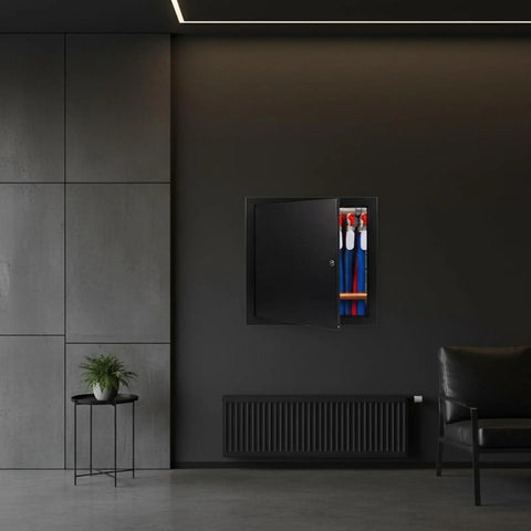 Heavy Duty Aluminum Access Panel For Drywall With Hinged Black Finish 12 By 12 Inch installed in modern living space with open door.