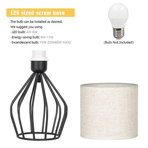 Black Modern Table Lamp With Linen Fabric Shade And Hollowed Base components view, E26 bulb base, bulb not included.