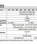 Specifications table for Compact Guide Rod Air Cylinder Pneumatic Actuator detailing bore sizes and pressure limits.