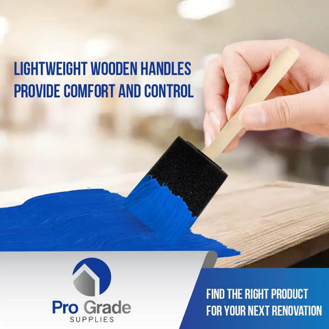 Applying blue paint on wood with 2 Inch Foam Brush Set 48 Count Poly Foam Applicators for Painting Stains Glue and Varnish
