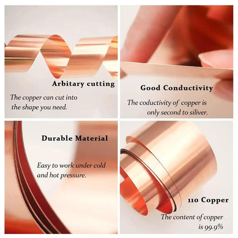 Real Deal One Roll Of Genuine 99.9 Percent Pure Copper Foil Sheets for showing arbitrary cutting, good conductivity, and durable material.