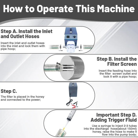 How to operate Straight Shooter Honey Filter Transfer Pump Featuring Durable 80 Mesh Stainless Screen with clear steps.