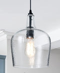 Modern Glass Pendant Light In Black One Light Dome Fixture For Kitchen Island And Dining Hallway, hand-hammered glass shade lit
