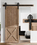 Beefed-Up Sliding Barn Door Hardware Kit 84 Inch Seven Foot Track System shown installed with wooden door, black steel rollers.