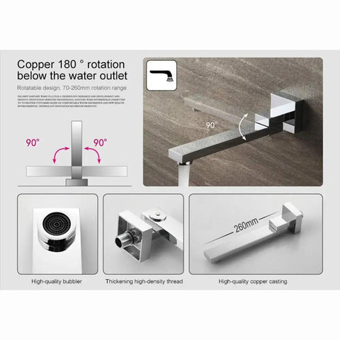 Copper 180° rotation faucet with high-quality bubbler, part of Heavy Duty Square Canopy Shower System With Concealed Valve Rock Solid Copper Body Lead Free Four Function Rain Setup Slick Silver Trim Easy Retrofit Install No Rust Guarantee Smooth Flow For Bathroom.