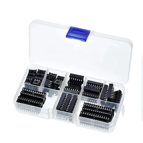 Heavy Duty 66 Piece DIP IC Socket Adaptor Kit With Solder Type Connectors For 6 8 14 16 18 20 24 And 28 Pins Perfect For Your Electronics Repair And DIY Projects Today. Clear plastic case with assorted black DIP IC sockets