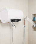 35 Liter Electric Water Heater 9 Point 25 Gallon Roomy Tank 1500 Watt mounted on wall with showerhead in use.