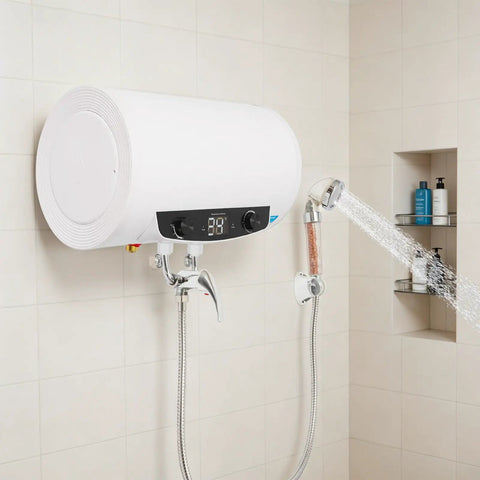 35 Liter Electric Water Heater 9 Point 25 Gallon Roomy Tank 1500 Watt mounted on wall with showerhead in use.