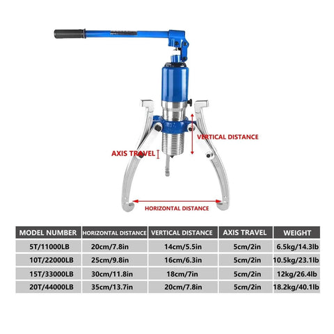 Heavy Duty Portable Hydraulic Gear Puller With Adjustable 13 Point 7 Inch Jaws Offering Massive 15 Ton Bad Ass Power For Stubborn Bearing And Hub Separator Tasks Built From Alloy Steel To Handle High Pressure Jobs At The Home Garage, blue alloy steel, 15T model