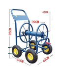 Heavy Duty Slick Metal Hose Reel With Smooth Maneuver Four Wheel Garden Cart Plus 100 Feet Water Pipe No Sweat Outdoor Setup side view with dimensions.