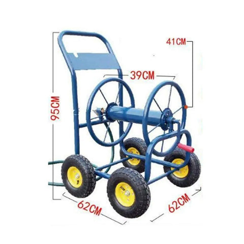 Top Shelf Garden Hose Reel Cart With Slick Rolling Wheels For Zero Hassle Storage and Quick Cleanup, 95CM tall, sturdy blue frame.