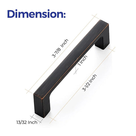 30 Pack Solid 3-1/2 Inch Square Cabinet Handles In Oil Rubbed Bronze, side view showing dimensions and classic square design.