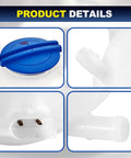 Heavy Duty Front Engine Coolant Reservoir Expansion Tank With Cap For Audi A3 Q3 TT And Volkswagen Beetle Eos Golf Passat Jetta Drop In Replacement Radiator Overflow Tank 1K0121407A product details showing blue cap and connectors