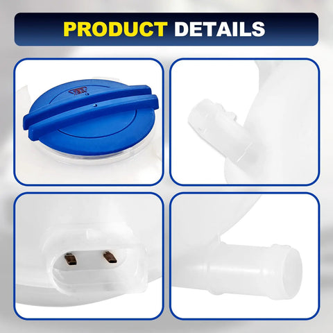 Heavy Duty Front Engine Coolant Reservoir Expansion Tank With Cap For Audi A3 Q3 TT And Volkswagen Beetle Eos Golf Passat Jetta Drop In Replacement Radiator Overflow Tank 1K0121407A product details showing blue cap and connectors