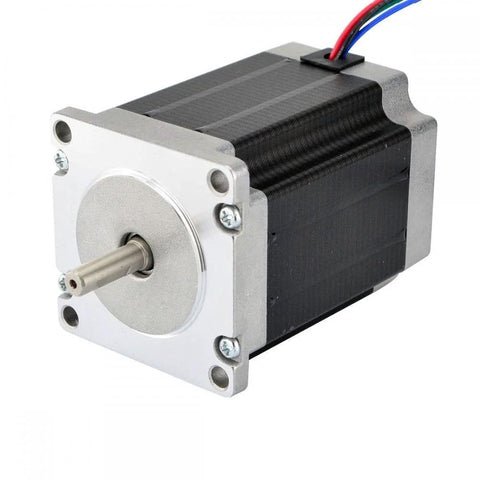 Front-view NEMA 23 stepper motor with silver mounting flange, black body, and exposed shaft.