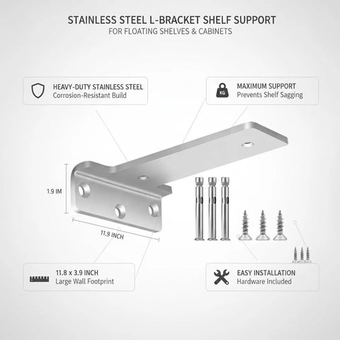 Heavy Duty Stainless Steel L Bracket Shelf Support Wall Mount For Floating Shelves And Cabinets 11.8 Inch By 3.9 Inch Brushed