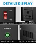 Detail view of Beefy 500W Voltage Converter Transformer showing power switch, universal output socket, indicator light, and cooling vents.