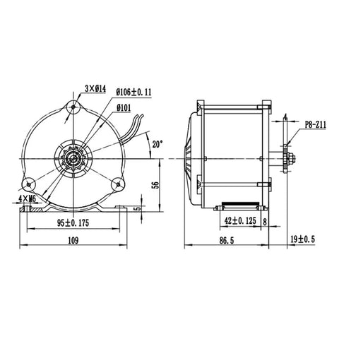 Built Tough 24V DC 500W Brushed Electric Motor With Integrated Gear Reduction For Electric Scooter And Ebike Drive 1700 RPM detailed dimensions drawing.
