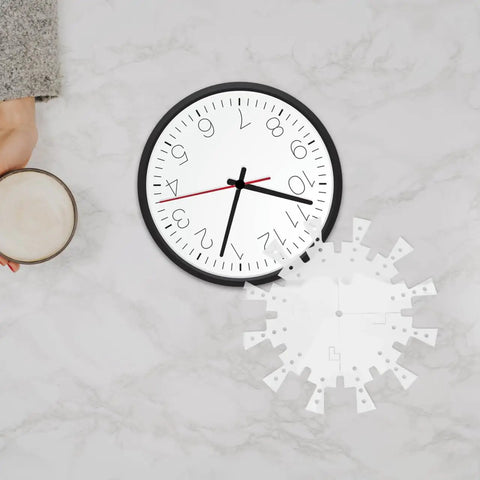 Transparent Acrylic Clock Template Set For Woodworking Router Projects And DIY Wall Dial Stencils Dead Center Setup Tool No Sweat Layout Guide on marble surface with clock.