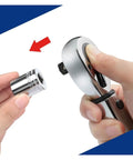 Heavy Duty Shop Torque Wrench Set Featuring Adjustable 5 To 100 Ft Lb Range Including Quarter Three Eighth And Half Inch Drives in use with socket attachment.