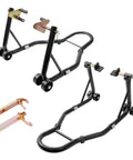 Beefy 850 Lb Front And Rear Motorcycle Stand Lift With Combo Fork Wheel Stand And Rear Swingarm Spool Support, black metal