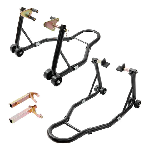Beefy 850 Lb Front And Rear Motorcycle Stand Lift With Combo Fork Wheel Stand And Rear Swingarm Spool Support, black metal